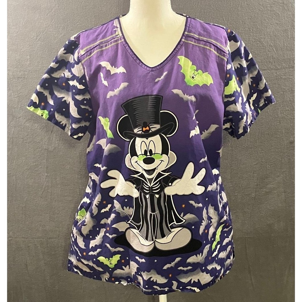 Disney Mickey Mouse Halloween Vampire Bat Print Scrub Top Purple XL Nurse Work